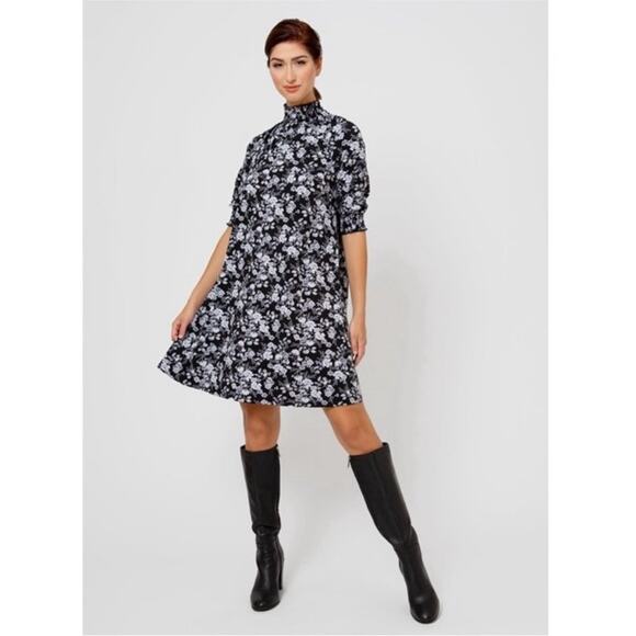 Leota Dresses & Skirts - LEOTA Raelyn Floral Mock Neck Shift Dress‎ in Bouquet Black Size Small
